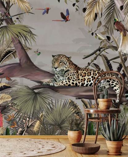 Dschungel-Tapete namens Relaxing Jungle Jaguar in Wallsauce für Schlafzimmer, Flure und Esszimmer
