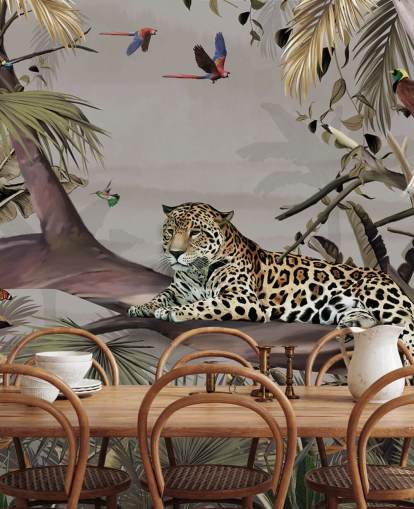 behangmuurschildering met de naam Relaxing Jungle Jaguar at Wallsauce voor slaapkamers, gangen en eetkamers