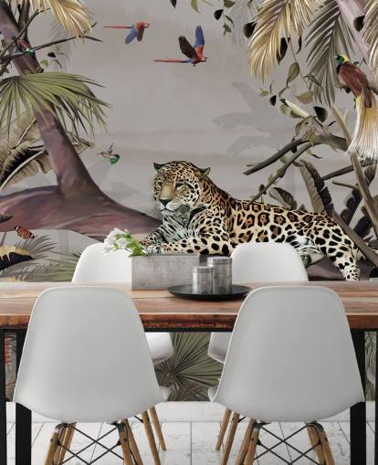 Dschungel-Tapete namens Relaxing Jungle Jaguar in Wallsauce für Schlafzimmer, Flure und Esszimmer