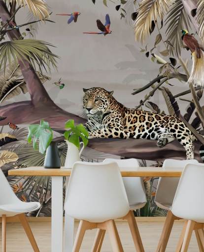 mural de papel pintado de la jungla llamado Relaxing Jungle Jaguar at Wallsauce para dormitorios, pasillos y comedores