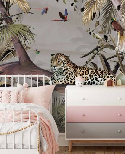 jungle wallpaper mural called Relaxing Jungle Jaguar at Wallsauce for bedrooms, hallways and dining rooms