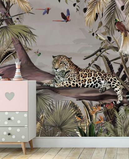 jungle wallpaper mural called Relaxing Jungle Jaguar at Wallsauce for bedrooms, hallways and dining rooms