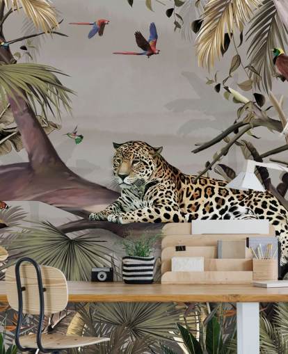 jungle wallpaper mural called Relaxing Jungle Jaguar at Wallsauce for bedrooms, hallways and dining rooms