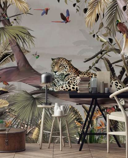 Dschungel-Tapete namens Relaxing Jungle Jaguar in Wallsauce für Schlafzimmer, Flure und Esszimmer
