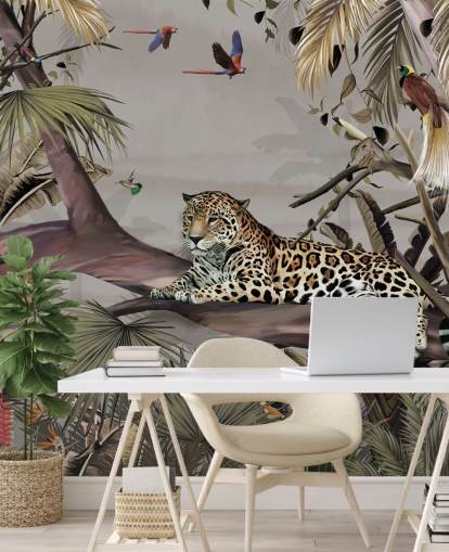 behangmuurschildering met de naam Relaxing Jungle Jaguar at Wallsauce voor slaapkamers, gangen en eetkamers