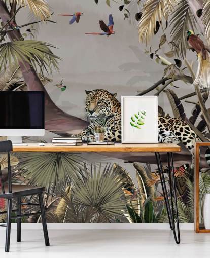 djungel tapetväggmålning som heter Relaxing Jungle Jaguar på Wallsauce för sovrum, hallar och matsalar