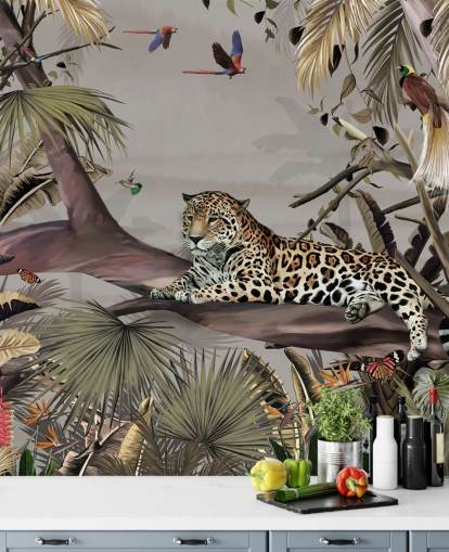 jungle wallpaper mural called Relaxing Jungle Jaguar at Wallsauce for bedrooms, hallways and dining rooms