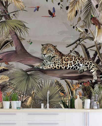 Dschungel-Tapete namens Relaxing Jungle Jaguar in Wallsauce für Schlafzimmer, Flure und Esszimmer Dschungel-Tapete namens Relaxing Jungle Jaguar in Wallsauce für Schlafzimmer, Flure und Esszimmer