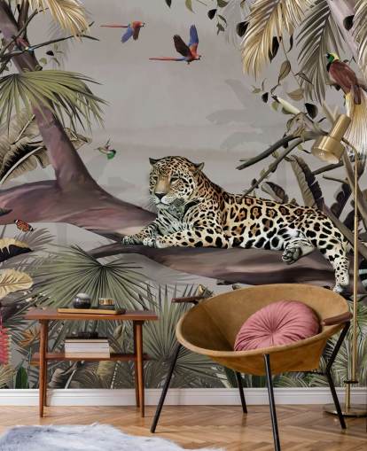 mural de papel de parede da selva chamado Relaxing Jungle Jaguar at Wallsauce para quartos, corredores e salas de jantar