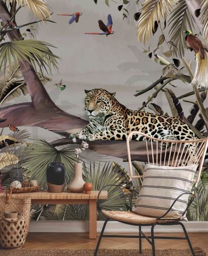 behangmuurschildering met de naam Relaxing Jungle Jaguar at Wallsauce voor slaapkamers, gangen en eetkamers