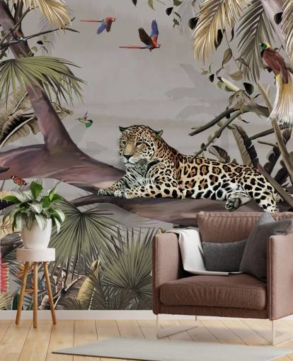 mural de papel pintado de la jungla llamado Relaxing Jungle Jaguar at Wallsauce para dormitorios, pasillos y comedores mural de papel pintado de la jungla llamado Relaxing Jungle Jaguar at Wallsauce para dormitorios, pasillos y comedores