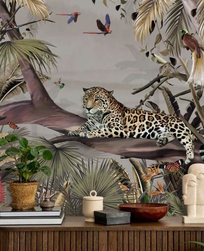 mural de papel pintado de la jungla llamado Relaxing Jungle Jaguar at Wallsauce para dormitorios, pasillos y comedores
