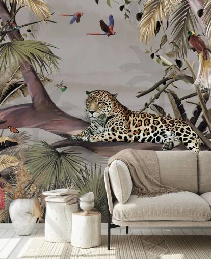 viidakon taustakuvamaalaus nimeltä Relaxing Jungle Jaguar Wallsaucessa makuuhuoneisiin, käytäviin ja ruokasaleihin