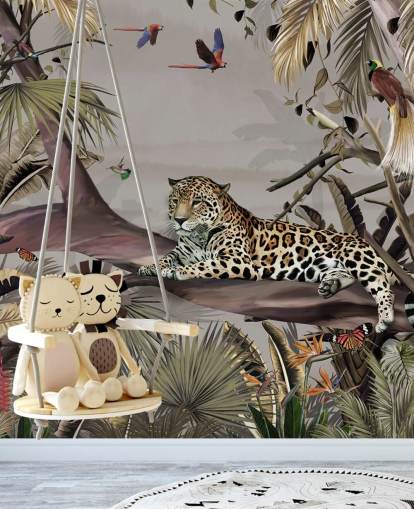 jungle wallpaper mural called Relaxing Jungle Jaguar at Wallsauce for bedrooms, hallways and dining rooms