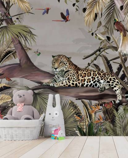 djungel tapetväggmålning som heter Relaxing Jungle Jaguar på Wallsauce för sovrum, hallar och matsalar