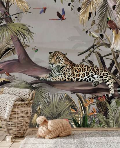 behangmuurschildering met de naam Relaxing Jungle Jaguar at Wallsauce voor slaapkamers, gangen en eetkamers
