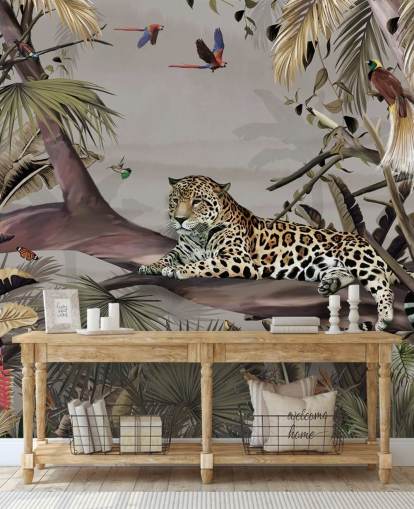 viidakon taustakuvamaalaus nimeltä Relaxing Jungle Jaguar Wallsaucessa makuuhuoneisiin, käytäviin ja ruokasaleihin viidakon taustakuvamaalaus nimeltä Relaxing Jungle Jaguar Wallsaucessa makuuhuoneisiin, käytäviin ja ruokasaleihin