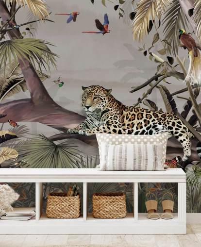 djungel tapetväggmålning som heter Relaxing Jungle Jaguar på Wallsauce för sovrum, hallar och matsalar