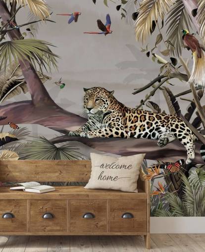 Dschungel-Tapete namens Relaxing Jungle Jaguar in Wallsauce für Schlafzimmer, Flure und Esszimmer