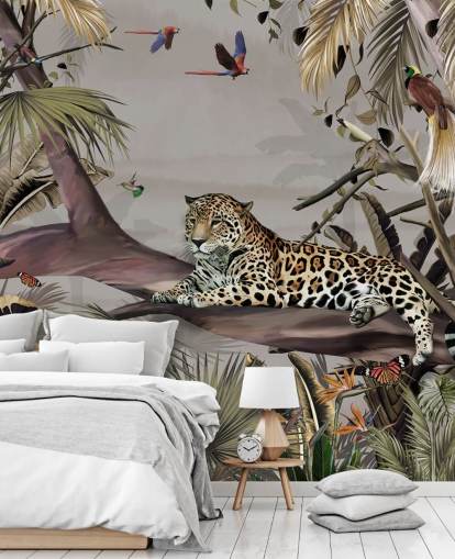 behangmuurschildering met de naam Relaxing Jungle Jaguar at Wallsauce voor slaapkamers, gangen en eetkamers