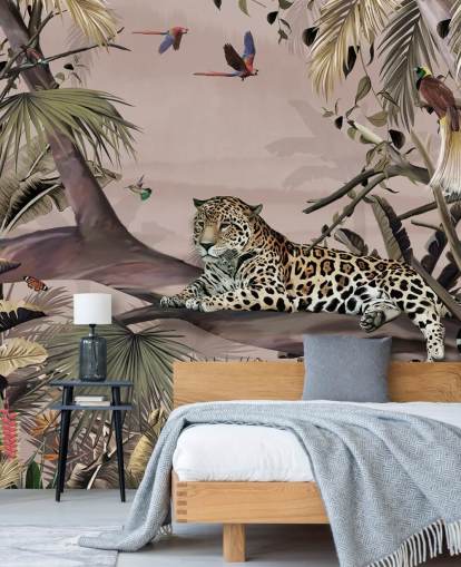 rosafarbenes Dschungel-Tapeten-Wandbild namens Relaxing Jungle Jaguar Pink in Wallsauce für Wohnzimmer, Schlafzimmer und Badezimmer