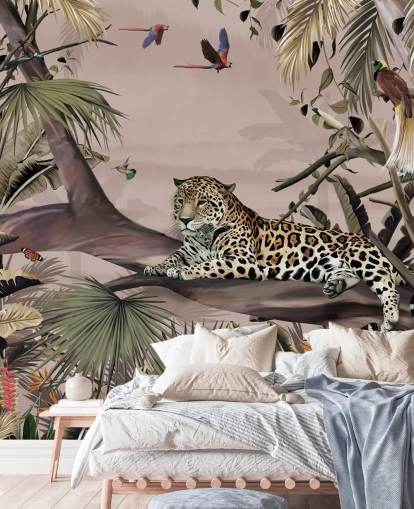 mural rosa de la jungla llamado Relaxing Jungle Jaguar Pink at Wallsauce para salas de estar, dormitorios y baños