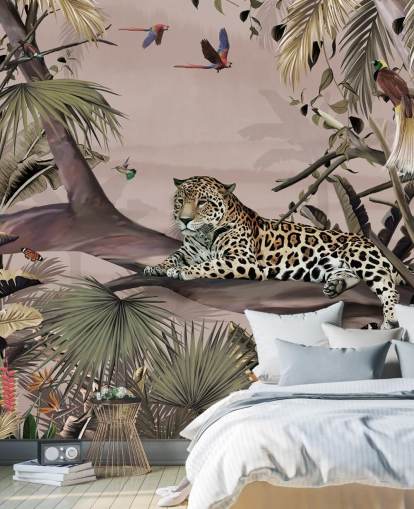 vaaleanpunainen viidakon taustakuvamaalaus nimeltä Relaxing Jungle Jaguar Pink Wallsaucessa olohuoneisiin, makuuhuoneisiin ja kylpyhuoneisiin
