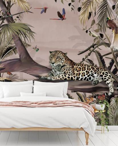 papier peint mural de la jungle rose appelé Relaxing Jungle Jaguar Pink chez Wallsauce pour les salons, les chambres et les salles de bain