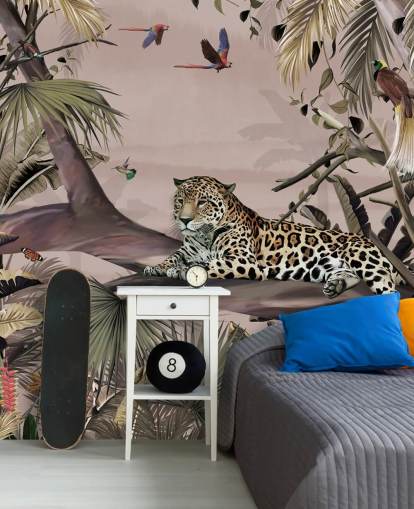 pink jungle wallpaper mural called Relaxing Jungle Jaguar Pink at Wallsauce for living rooms, bedrooms and bathrooms