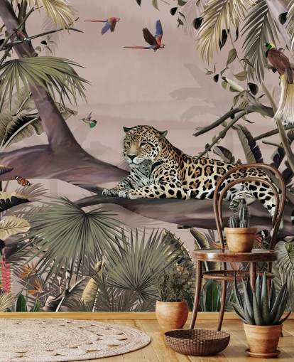 mural de papel de parede rosa da selva chamado Relaxing Jungle Jaguar Pink at Wallsauce para salas de estar, quartos e banheiros
