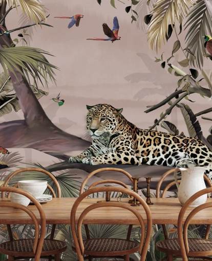 roze jungle behangmuurschildering genaamd Relaxing Jungle Jaguar Pink bij Wallsauce voor woonkamers, slaapkamers en badkamers roze jungle behangmuurschildering genaamd Relaxing Jungle Jaguar Pink bij Wallsauce voor woonkamers, slaapkamers en badkamers
