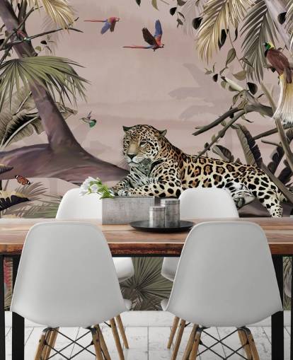 pink jungle wallpaper mural called Relaxing Jungle Jaguar Pink at Wallsauce for living rooms, bedrooms and bathrooms