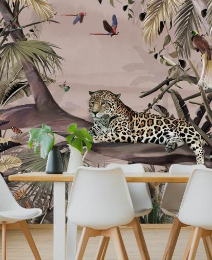 pink jungle wallpaper mural called Relaxing Jungle Jaguar Pink at Wallsauce for living rooms, bedrooms and bathrooms