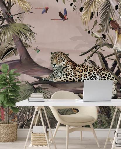 rosafarbenes Dschungel-Tapeten-Wandbild namens Relaxing Jungle Jaguar Pink in Wallsauce für Wohnzimmer, Schlafzimmer und Badezimmer
