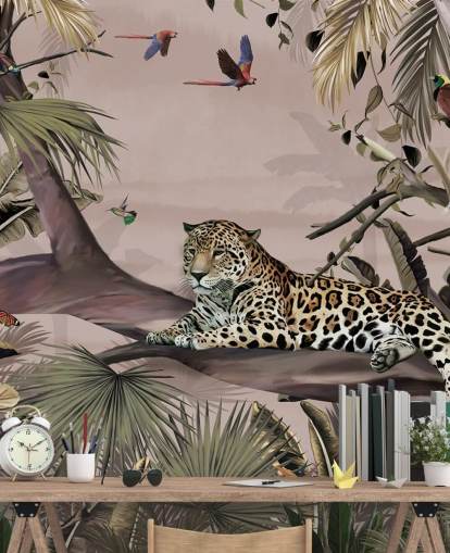 lyserød jungle tapetmaleri kaldet Relaxing Jungle Jaguar Pink på Wallsauce til stuer, soveværelser og badeværelser