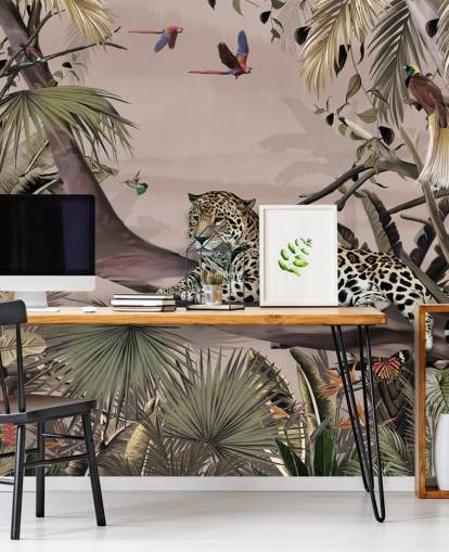pink jungle wallpaper mural called Relaxing Jungle Jaguar Pink at Wallsauce for living rooms, bedrooms and bathrooms