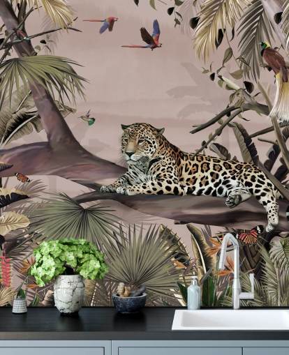 pink jungle wallpaper mural called Relaxing Jungle Jaguar Pink at Wallsauce for living rooms, bedrooms and bathrooms