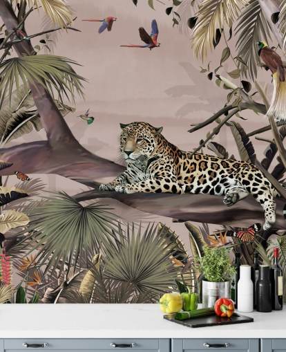 carta da parati murale con giungla rosa chiamata Relaxing Jungle Jaguar Pink at Wallsauce per salotti, camere da letto e bagni