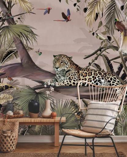 mural de papel de parede rosa da selva chamado Relaxing Jungle Jaguar Pink at Wallsauce para salas de estar, quartos e banheiros