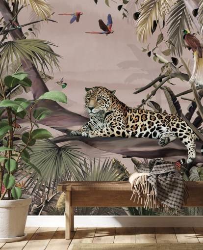 rosafarbenes Dschungel-Tapeten-Wandbild namens Relaxing Jungle Jaguar Pink in Wallsauce für Wohnzimmer, Schlafzimmer und Badezimmer