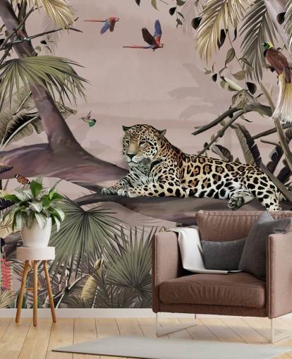 carta da parati murale con giungla rosa chiamata Relaxing Jungle Jaguar Pink at Wallsauce per salotti, camere da letto e bagni