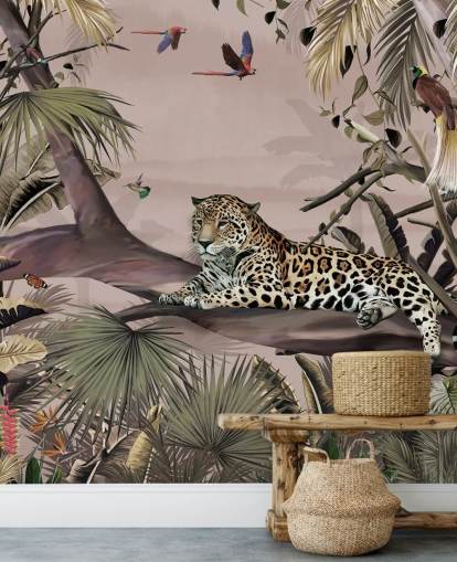 mural rosa de la jungla llamado Relaxing Jungle Jaguar Pink at Wallsauce para salas de estar, dormitorios y baños