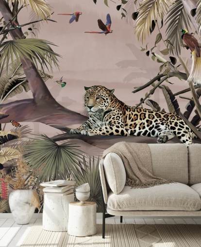 mural rosa de la jungla llamado Relaxing Jungle Jaguar Pink at Wallsauce para salas de estar, dormitorios y baños