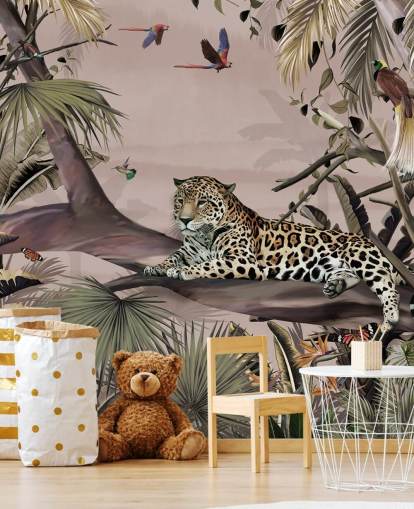 carta da parati murale con giungla rosa chiamata Relaxing Jungle Jaguar Pink at Wallsauce per salotti, camere da letto e bagni