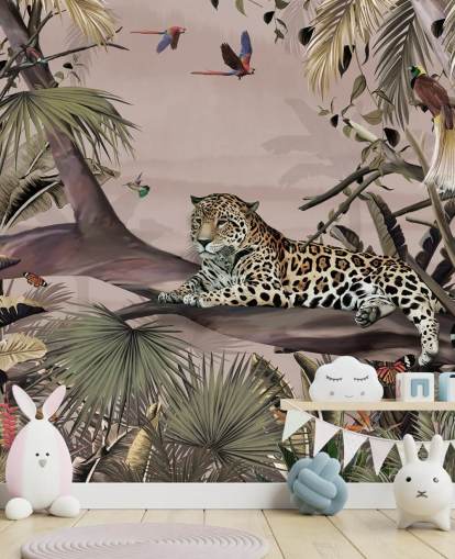 carta da parati murale con giungla rosa chiamata Relaxing Jungle Jaguar Pink at Wallsauce per salotti, camere da letto e bagni