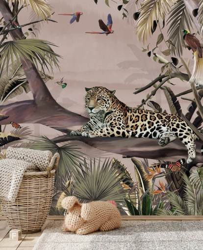 lyserød jungle tapetmaleri kaldet Relaxing Jungle Jaguar Pink på Wallsauce til stuer, soveværelser og badeværelser lyserød jungle tapetmaleri kaldet Relaxing Jungle Jaguar Pink på Wallsauce til stuer, soveværelser og badeværelser