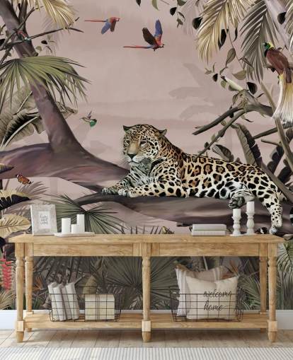 mural rosa de la jungla llamado Relaxing Jungle Jaguar Pink at Wallsauce para salas de estar, dormitorios y baños mural rosa de la jungla llamado Relaxing Jungle Jaguar Pink at Wallsauce para salas de estar, dormitorios y baños