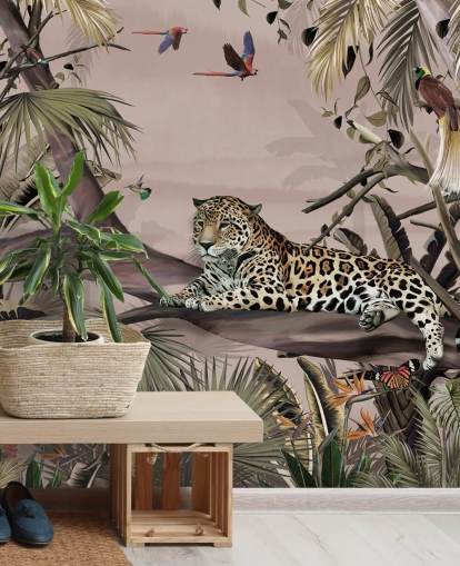 rosafarbenes Dschungel-Tapeten-Wandbild namens Relaxing Jungle Jaguar Pink in Wallsauce für Wohnzimmer, Schlafzimmer und Badezimmer