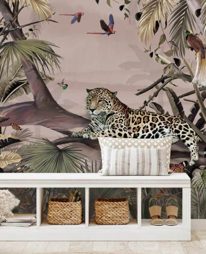 pink jungle wallpaper mural called Relaxing Jungle Jaguar Pink at Wallsauce for living rooms, bedrooms and bathrooms