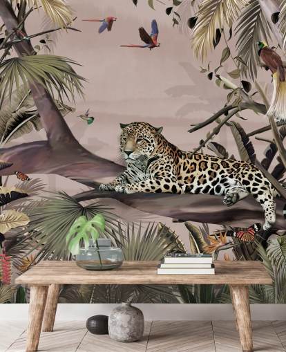 pink jungle wallpaper mural called Relaxing Jungle Jaguar Pink at Wallsauce for living rooms, bedrooms and bathrooms